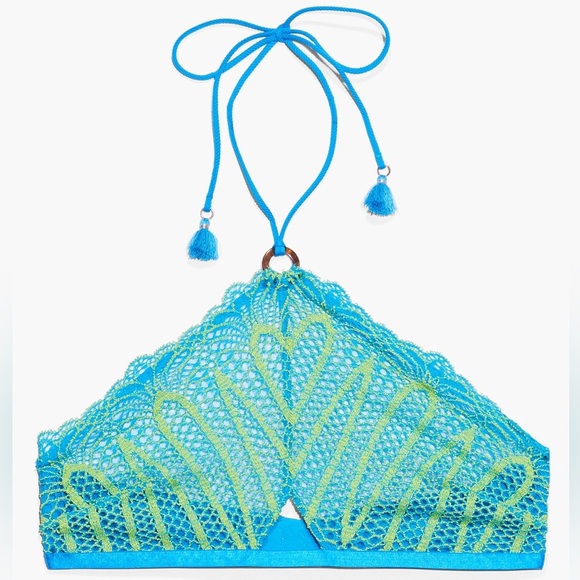 Savage X Fenty STRANDED IN LACE CROCHET HALTER BRALETTE Surf Blue Size XL - Picture 2 of 9